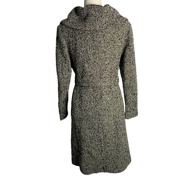 Calvin Klein Tweed Wool Blend Coat 2 Black Grey Herringbone Pockets Tie Belt - Picture 5 of 7